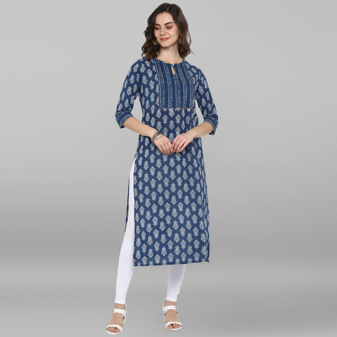 Janasya Blue Cotton Block Print Straight kurta