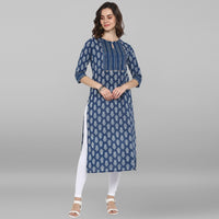 Thumbnail for Janasya Blue Cotton Block Print Straight kurta