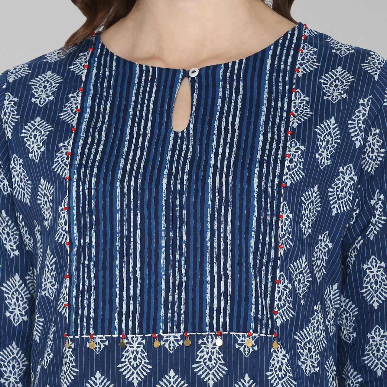 Janasya Blue Cotton Block Print Straight kurta
