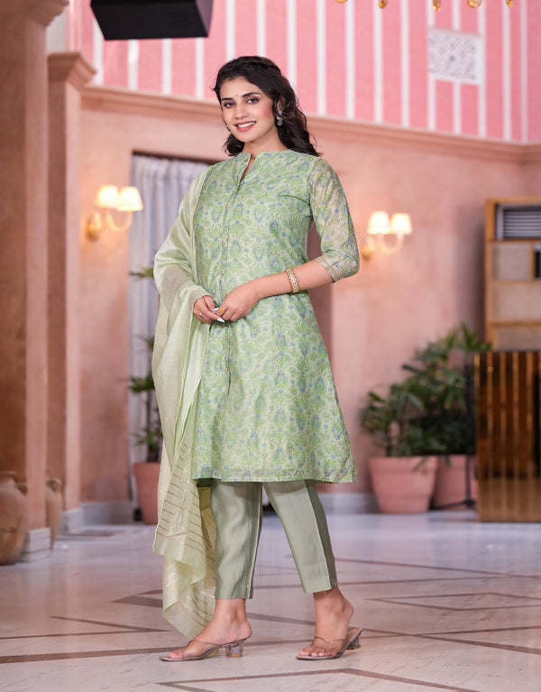 Juniper Women's Green Floral Printed Chanderi Kurta Set With Buttons & Sequins - Distacart