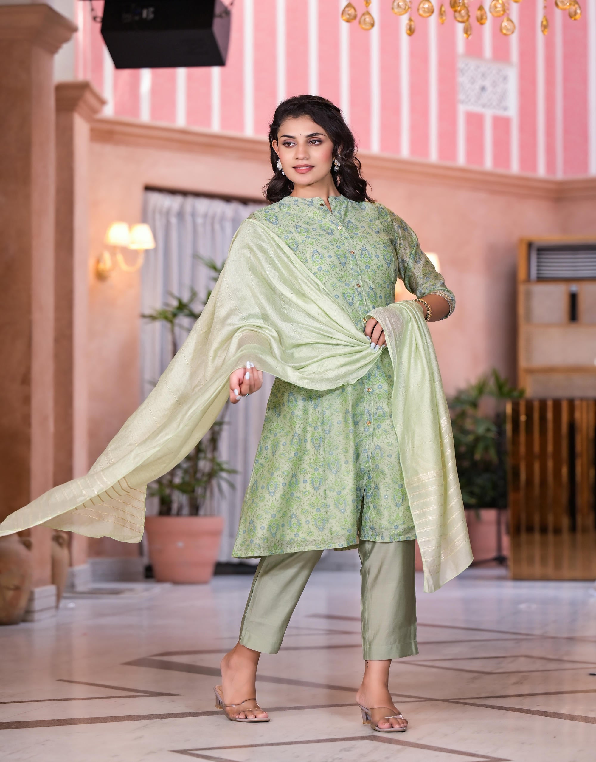 Juniper Women's Green Floral Printed Chanderi Kurta Set With Buttons & Sequins - Distacart