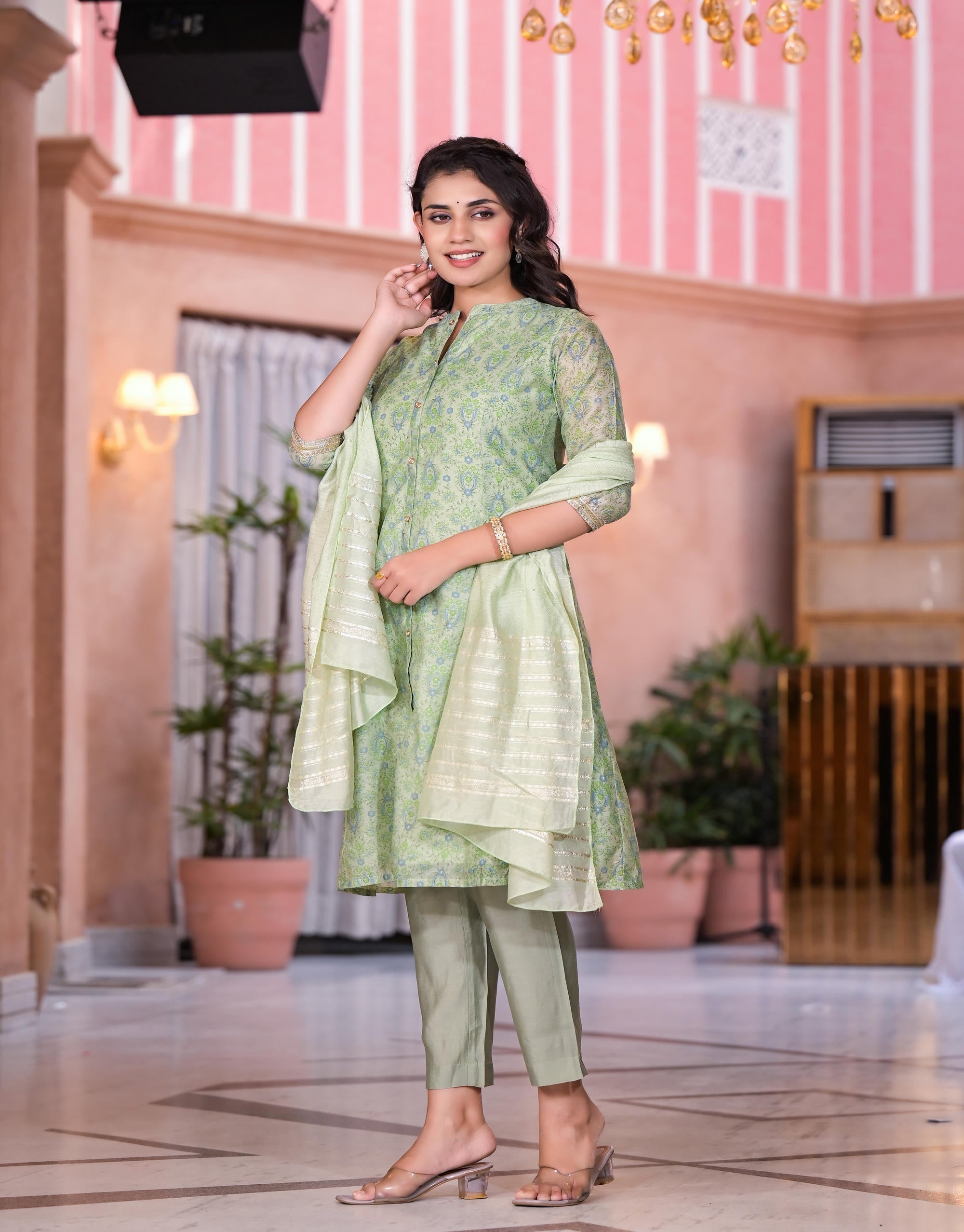 Juniper Women's Green Floral Printed Chanderi Kurta Set With Buttons & Sequins - Distacart