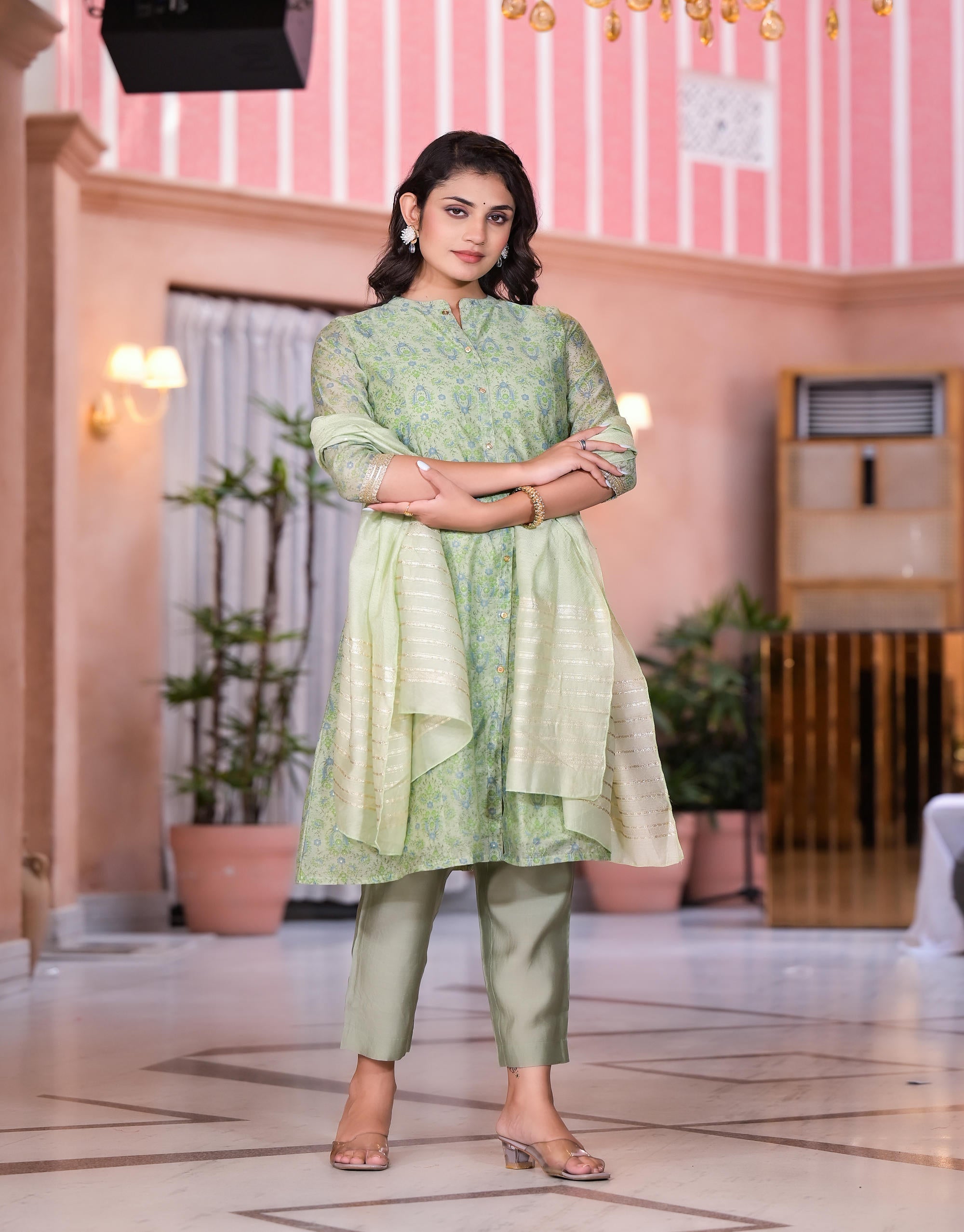 Juniper Women's Green Floral Printed Chanderi Kurta Set With Buttons & Sequins - Distacart