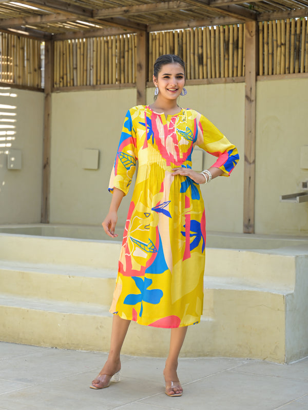 Juniper Women's Yellow Floral Printed Muslin A-Line Dres - Distacart