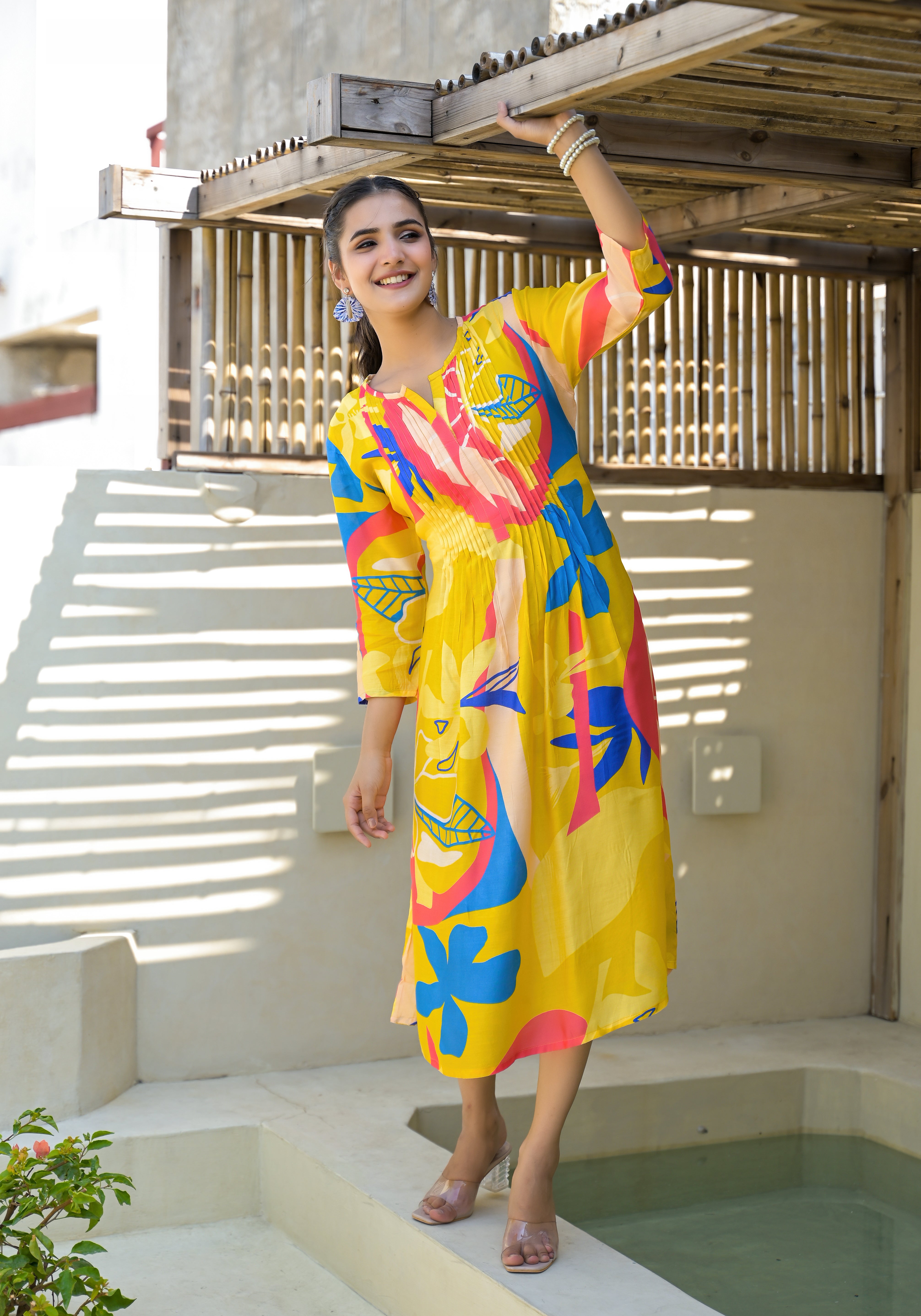 Juniper Women's Yellow Floral Printed Muslin A-Line Dres - Distacart