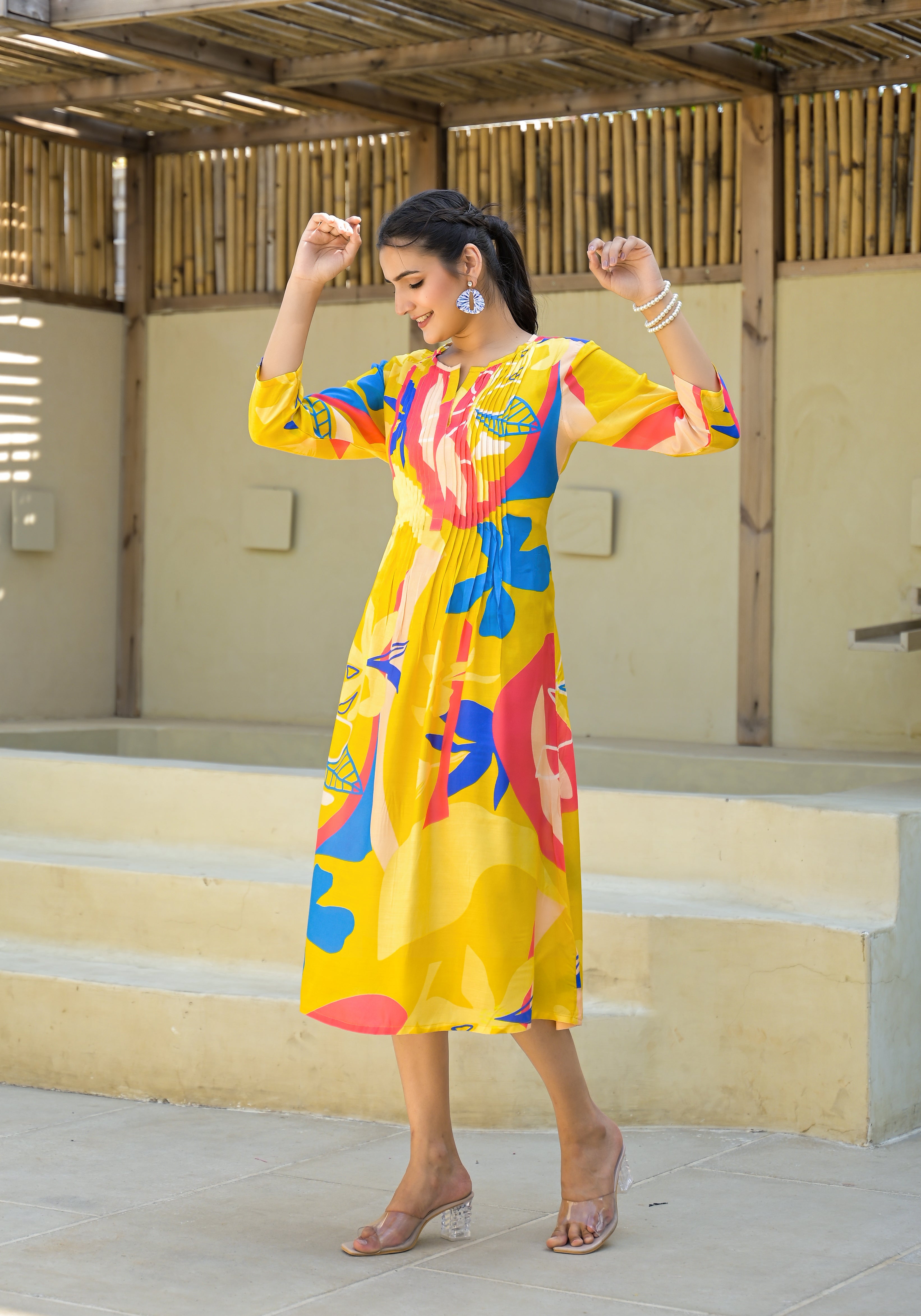 Juniper Women's Yellow Floral Printed Muslin A-Line Dres - Distacart