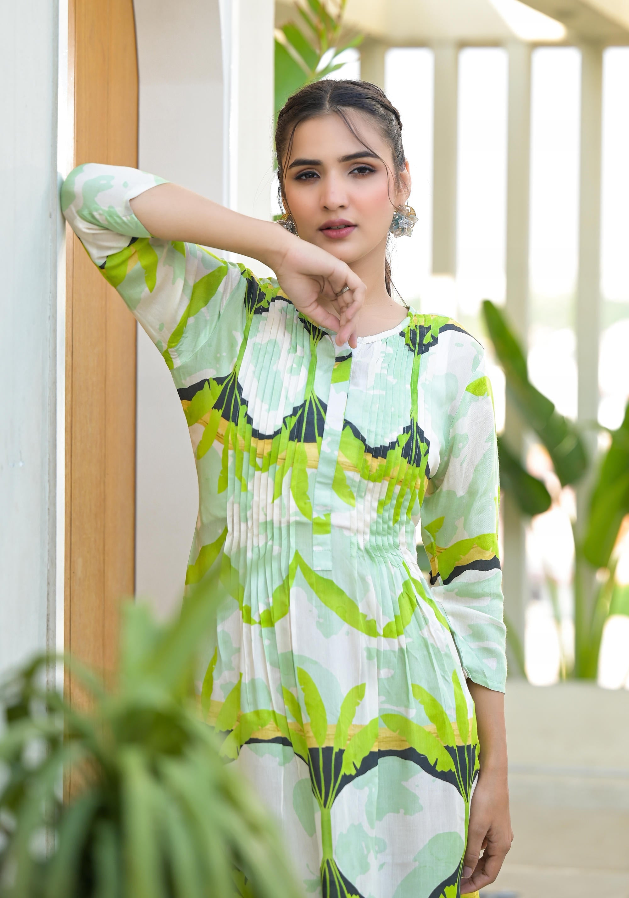 Juniper Green muslin boat neck knee length dress with ethnic print - Distacart