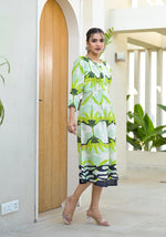 Thumbnail for Juniper Green muslin boat neck knee length dress with ethnic print - Distacart