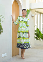 Thumbnail for Juniper Green muslin boat neck knee length dress with ethnic print - Distacart