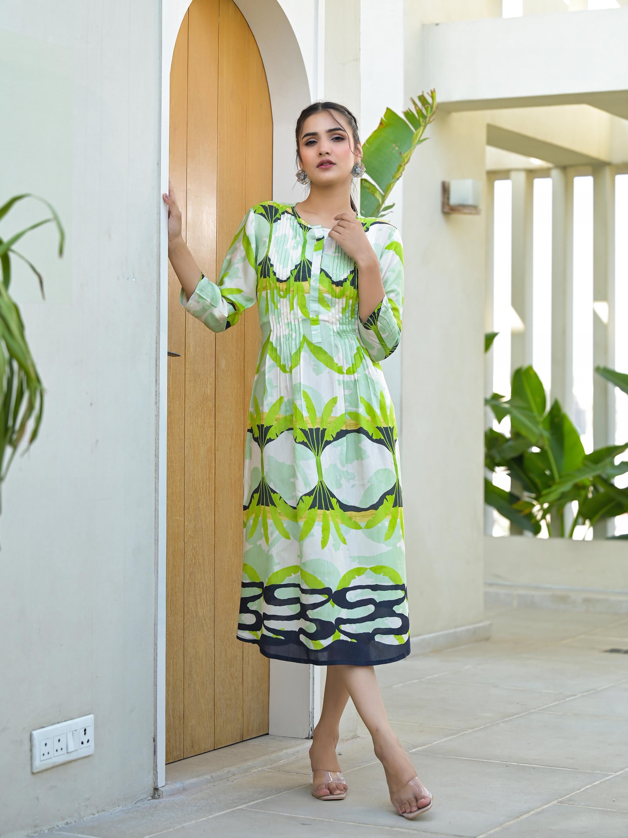 Juniper Green muslin boat neck knee length dress with ethnic print - Distacart