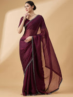 Thumbnail for Purple Organza Swaroski Diamond Work Saree with Unstitched Blouse - Radha - Distacart
