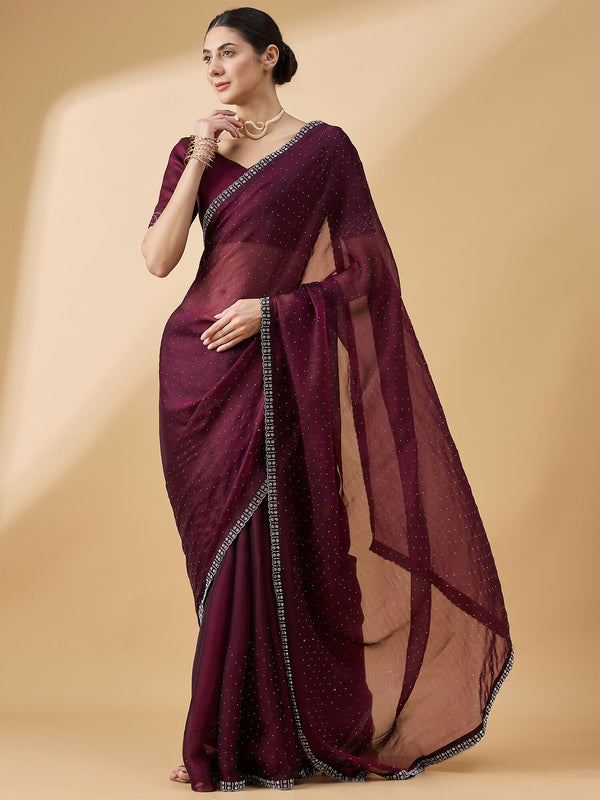 Purple Organza Swaroski Diamond Work Saree with Unstitched Blouse - Radha - Distacart