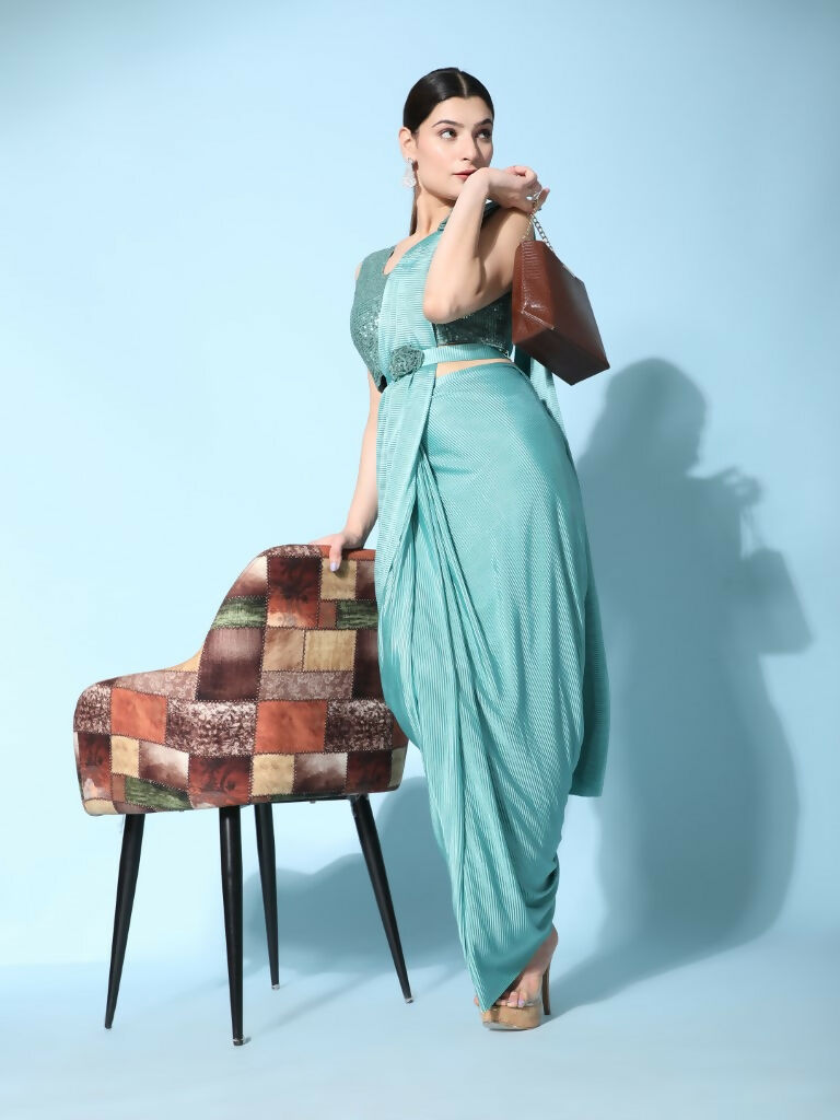 Sea Green Imported Crush Lycra Texture Pattern Ready to Wear Saree with stitched Blouse - Nirvana - Distacart