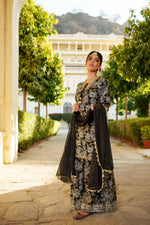 Thumbnail for Vaasva Women Navy Blue Muslin Floral & Embroidered Cut Work Kurta ,Sharara & Dupatta set - Distacart