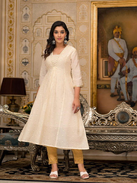 Juniper Ivory Floral Printed Chanderi Kurta With Mirror Work Embroidery - Distacart