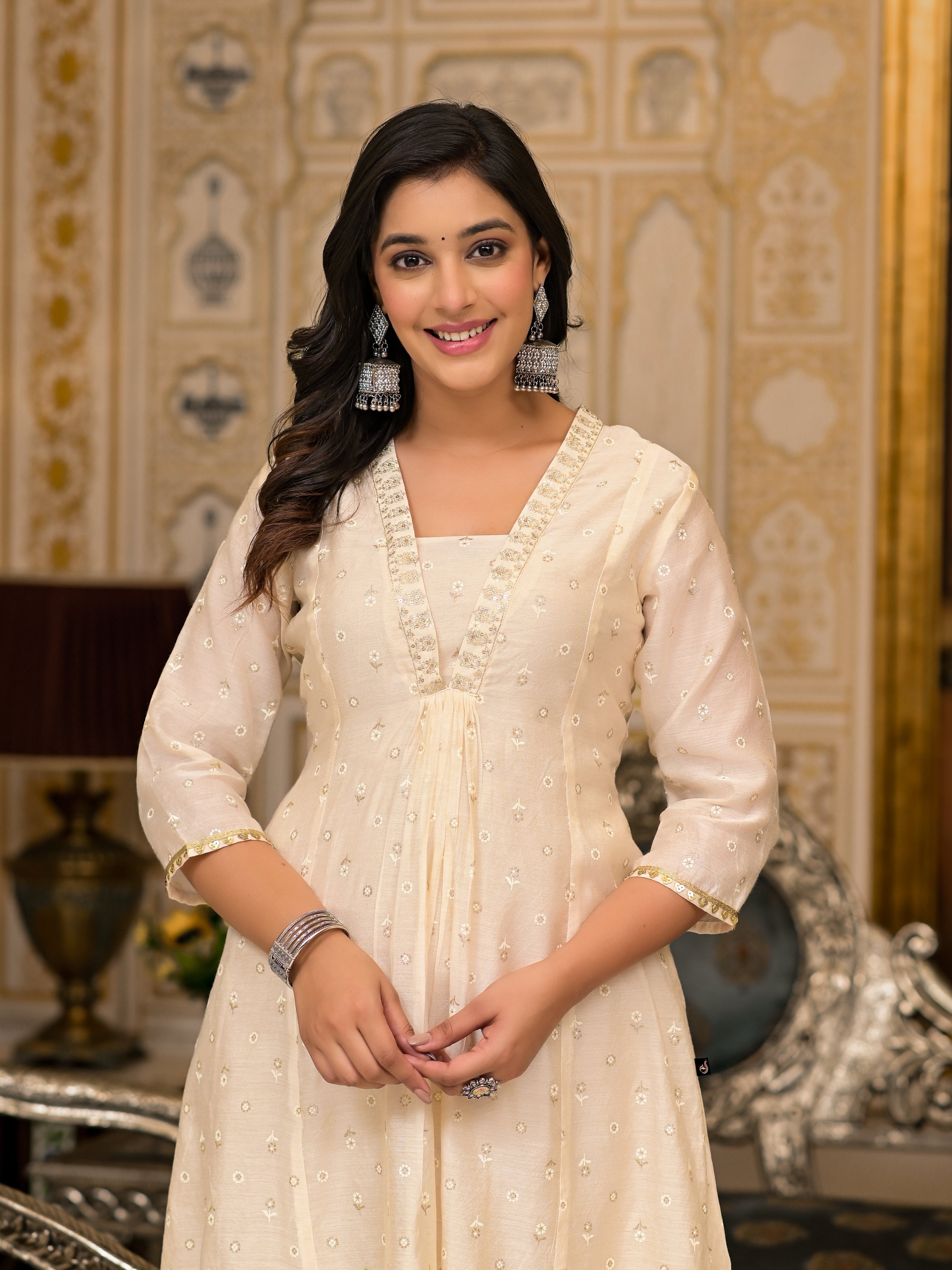 Juniper Ivory Floral Printed Chanderi Kurta With Mirror Work Embroidery - Distacart