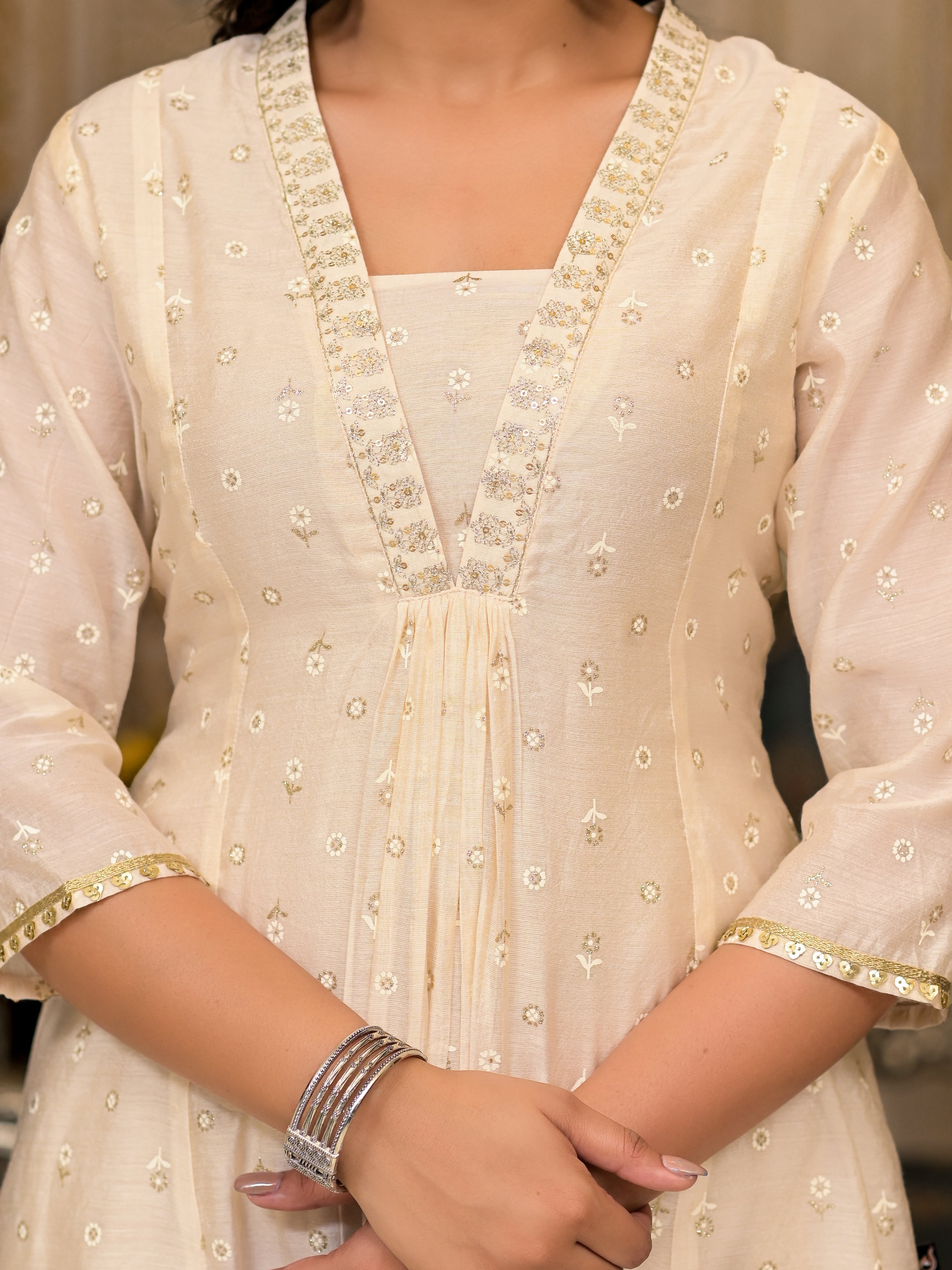 Juniper Ivory Floral Printed Chanderi Kurta With Mirror Work Embroidery - Distacart