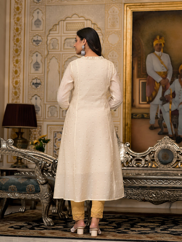 Juniper Ivory Floral Printed Chanderi Kurta With Mirror Work Embroidery - Distacart