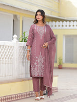 Thumbnail for Juniper Women's Onion Pink Ethnic Motif Printed Viscose Kurta, Pant And Dupatta Set With Gotta Patti Work - Distacart