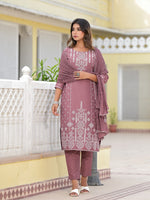 Thumbnail for Juniper Women's Onion Pink Ethnic Motif Printed Viscose Kurta, Pant And Dupatta Set With Gotta Patti Work - Distacart