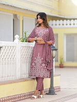 Thumbnail for Juniper Women's Onion Pink Ethnic Motif Printed Viscose Kurta, Pant And Dupatta Set With Gotta Patti Work - Distacart