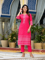 Thumbnail for Juniper Women's Pink Ethnic Motif Printed Liva Rayon Kurta Pant And Dupatta Set With Beads Sequins & Lace - Distacart