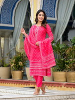 Thumbnail for Juniper Women's Pink Ethnic Motif Printed Liva Rayon Kurta Pant And Dupatta Set With Beads Sequins & Lace - Distacart
