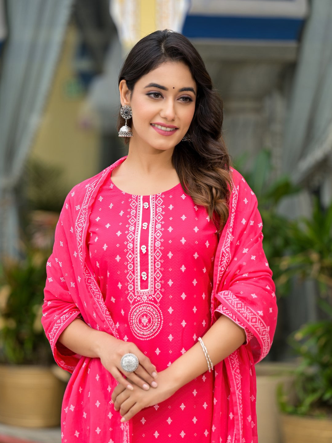 Juniper Women's Pink Ethnic Motif Printed Liva Rayon Kurta Pant And Dupatta Set With Beads Sequins & Lace - Distacart