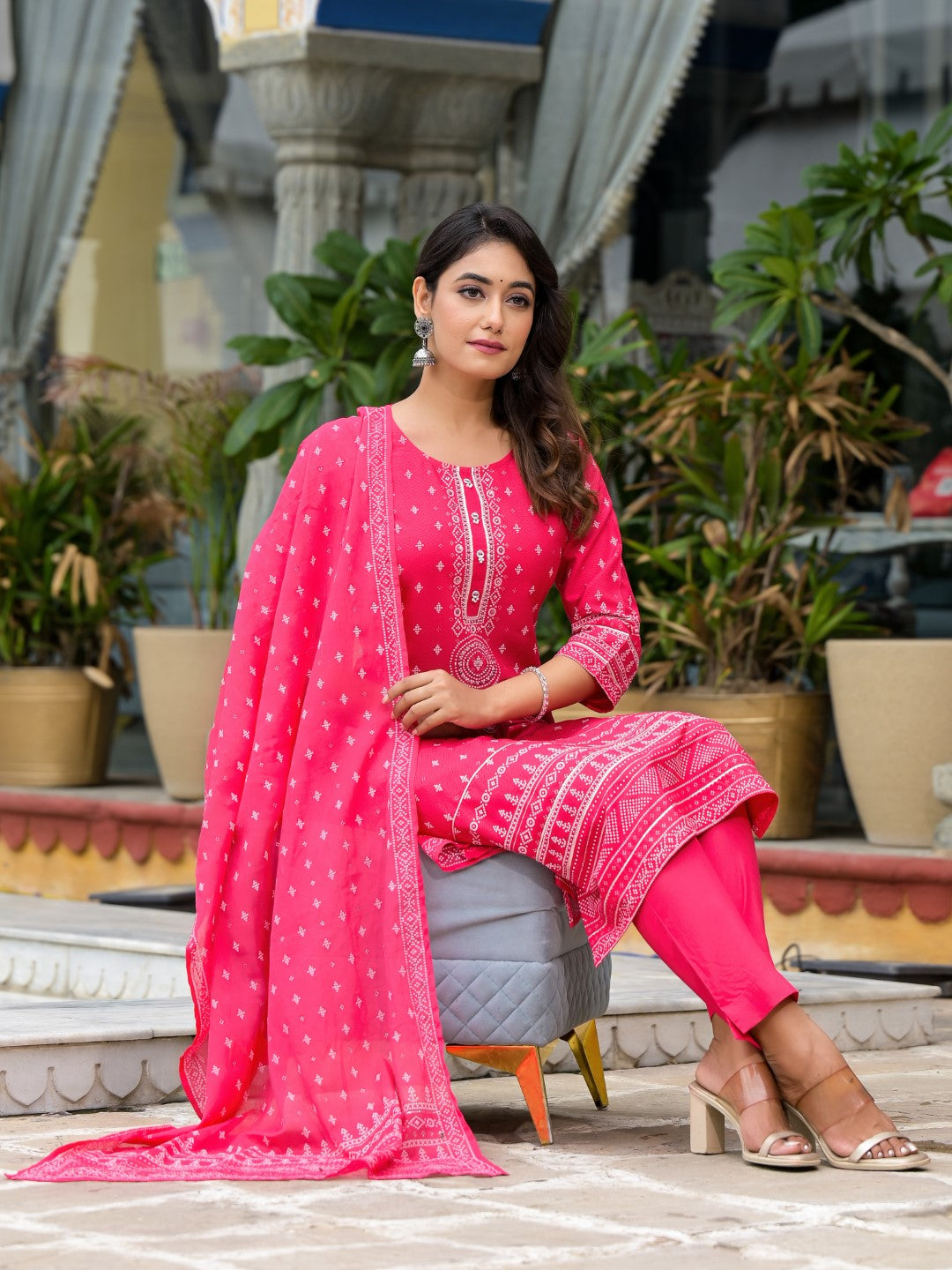 Juniper Women's Pink Ethnic Motif Printed Liva Rayon Kurta Pant And Dupatta Set With Beads Sequins & Lace - Distacart
