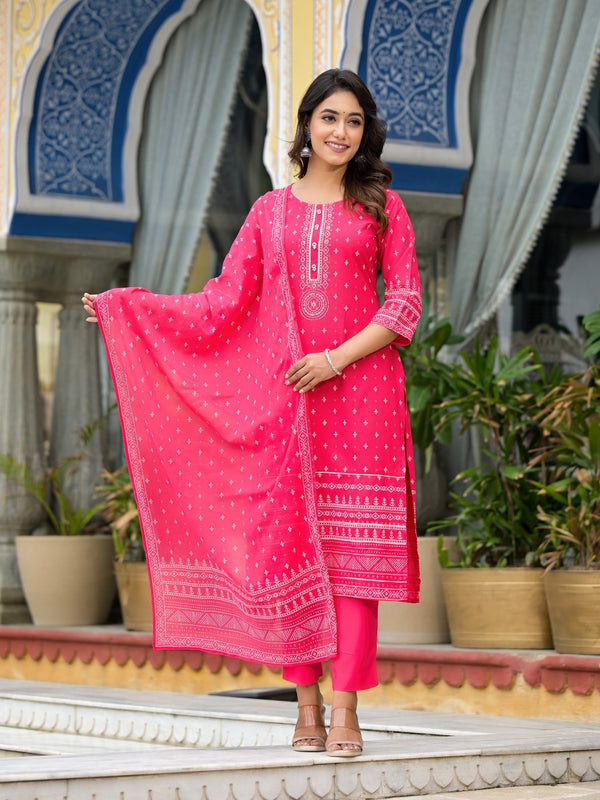 Juniper Women's Pink Ethnic Motif Printed Liva Rayon Kurta Pant And Dupatta Set With Beads Sequins & Lace - Distacart
