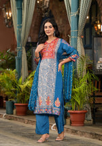 Thumbnail for Juniper Women's Blue Viscose Rayon Printed Kurta Set - Distacart
