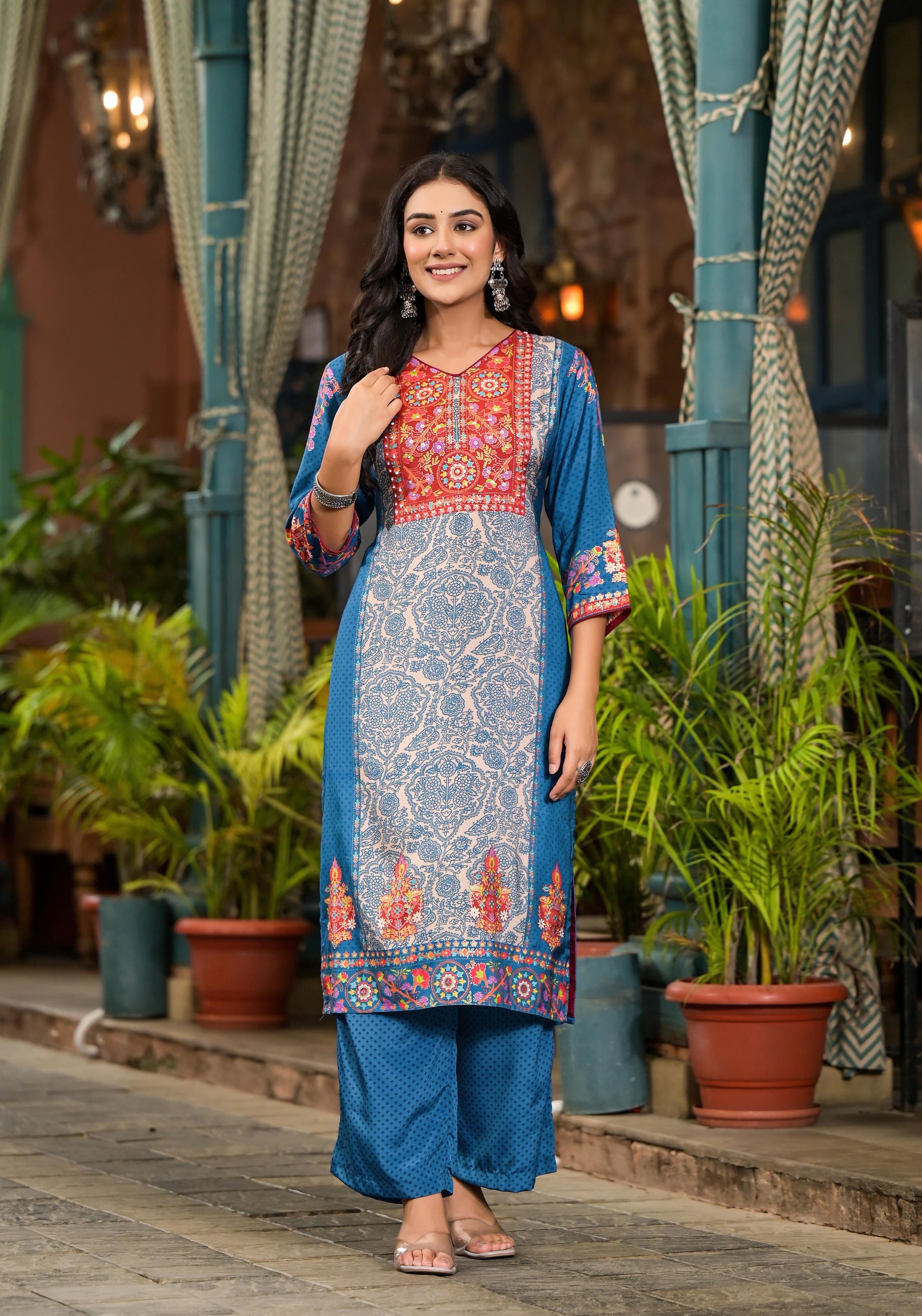 Juniper Women's Blue Viscose Rayon Printed Kurta Set - Distacart