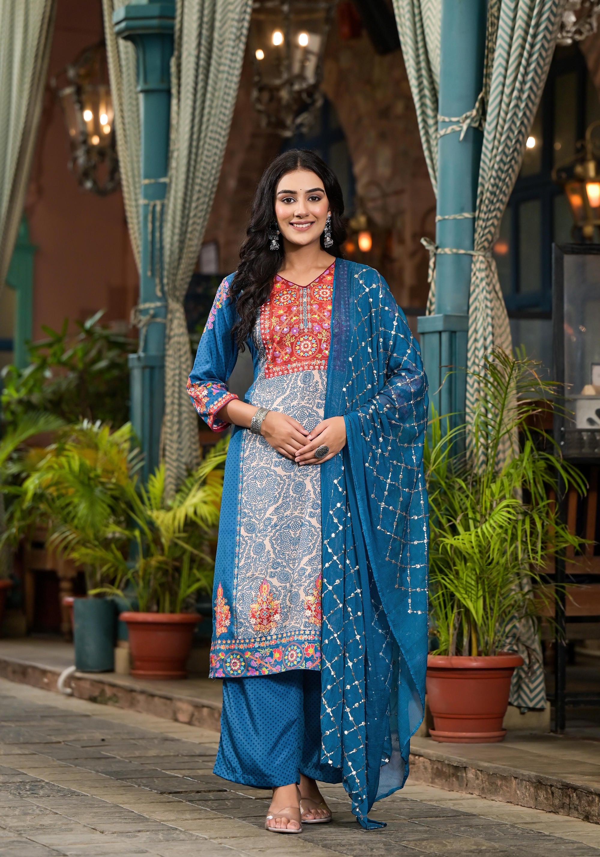 Juniper Women's Blue Viscose Rayon Printed Kurta Set - Distacart
