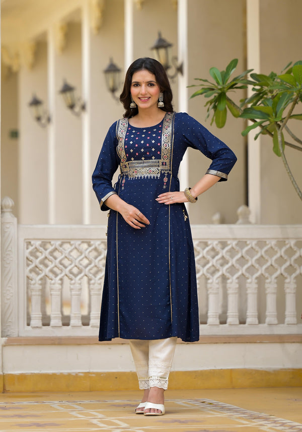 Juniper Blue Solid Rayon Kurta With Sequins & Doris - Distacart