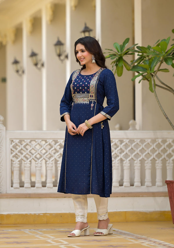 Juniper Blue Solid Rayon Kurta With Sequins & Doris - Distacart