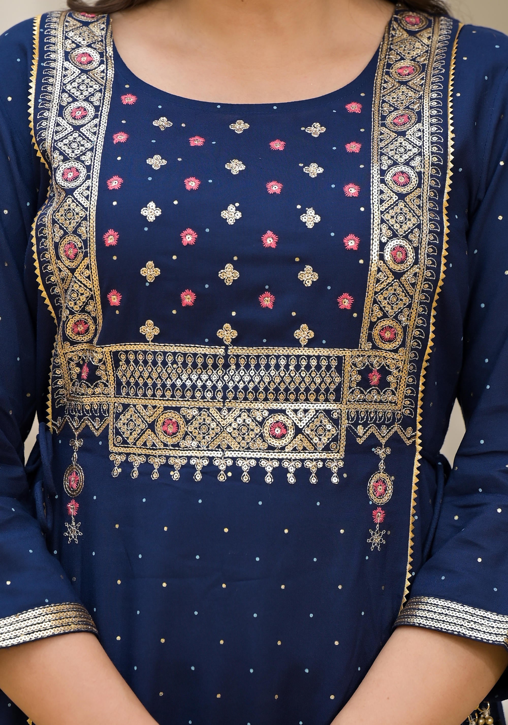Juniper Blue Solid Rayon Kurta With Sequins & Doris - Distacart