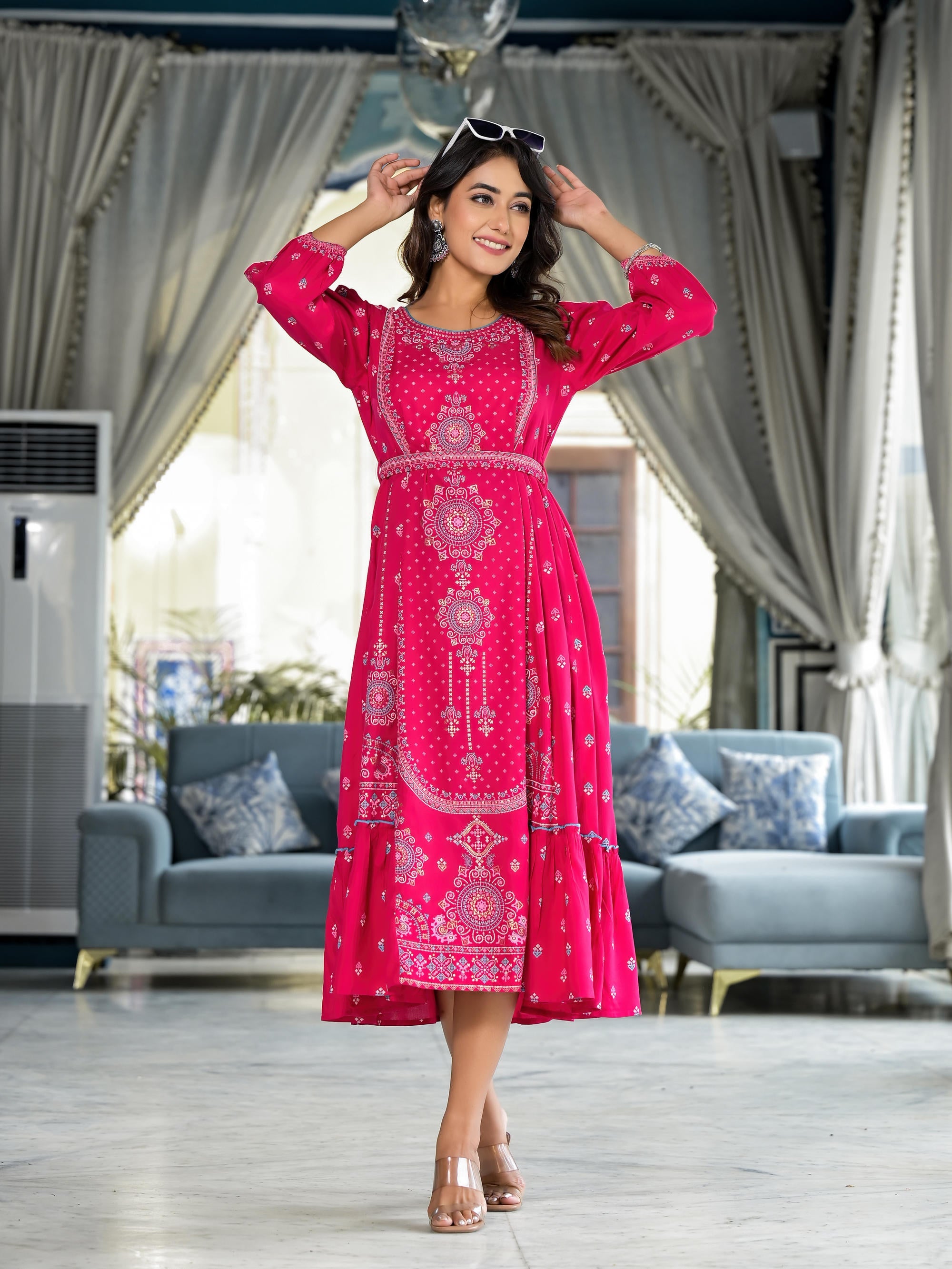 Juniper Fuchsia Ethnic Motif Printed Liva Rayon A-Lined Tiered Dress With Belt - Distacart