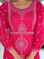 Thumbnail for Juniper Fuchsia Ethnic Motif Printed Liva Rayon A-Lined Tiered Dress With Belt - Distacart