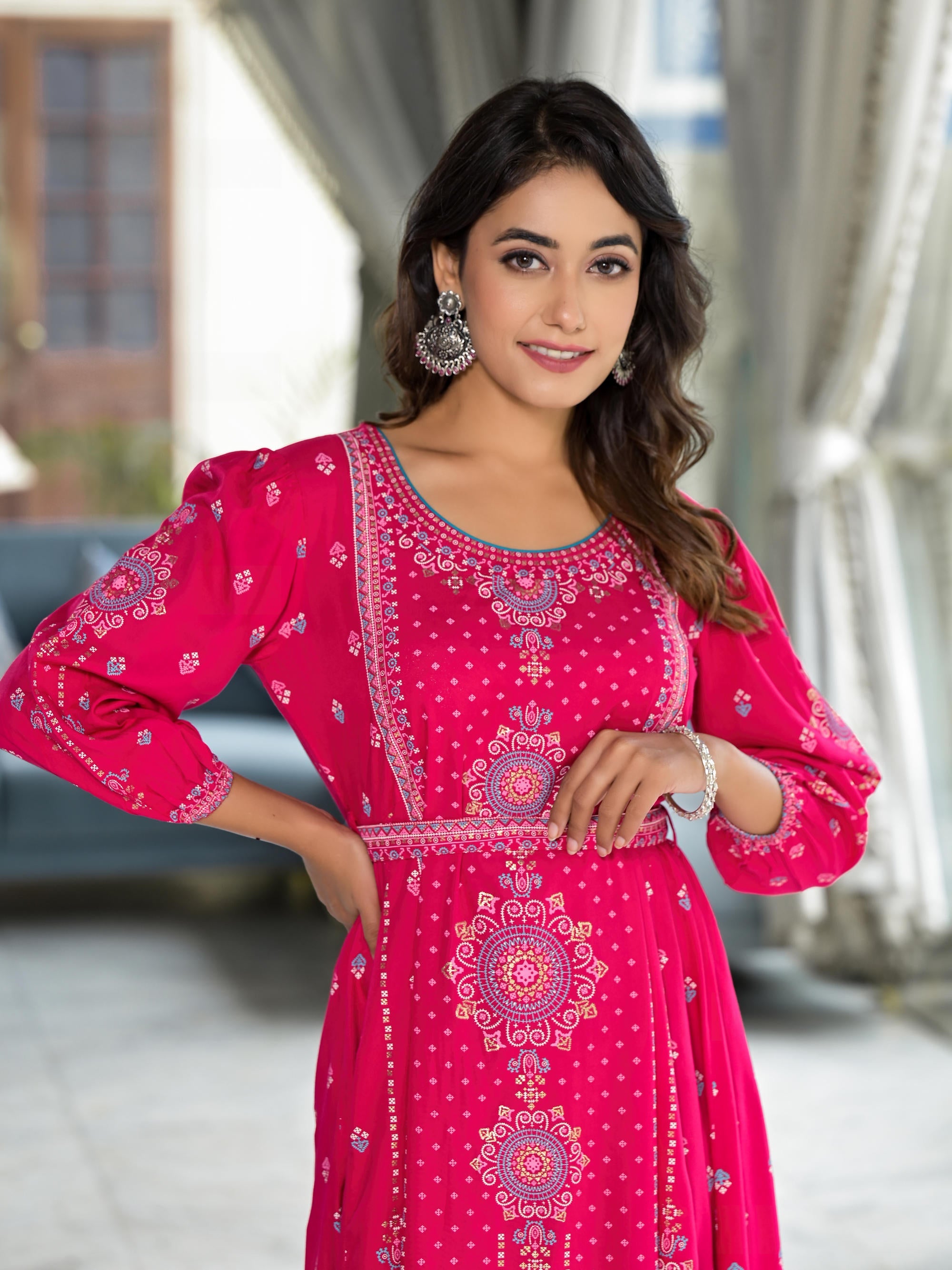 Juniper Fuchsia Ethnic Motif Printed Liva Rayon A-Lined Tiered Dress With Belt - Distacart