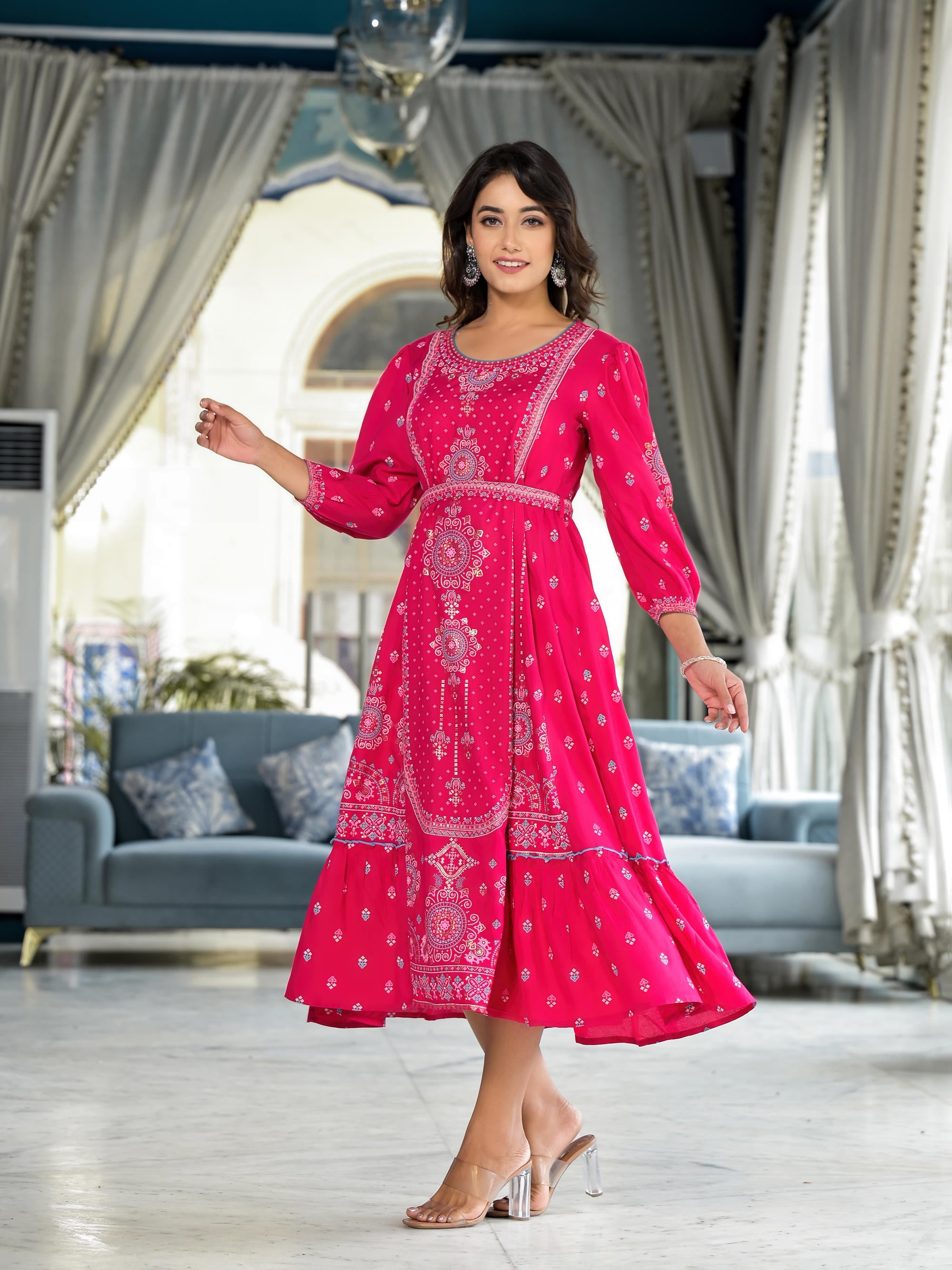 Juniper Fuchsia Ethnic Motif Printed Liva Rayon A-Lined Tiered Dress With Belt - Distacart