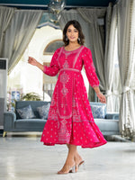 Thumbnail for Juniper Fuchsia Ethnic Motif Printed Liva Rayon A-Lined Tiered Dress With Belt - Distacart