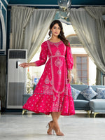 Thumbnail for Juniper Fuchsia Ethnic Motif Printed Liva Rayon A-Lined Tiered Dress With Belt - Distacart