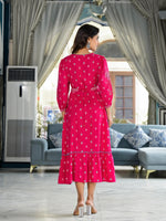 Thumbnail for Juniper Fuchsia Ethnic Motif Printed Liva Rayon A-Lined Tiered Dress With Belt - Distacart