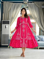 Thumbnail for Juniper Fuchsia Ethnic Motif Printed Liva Rayon A-Lined Tiered Dress With Belt - Distacart