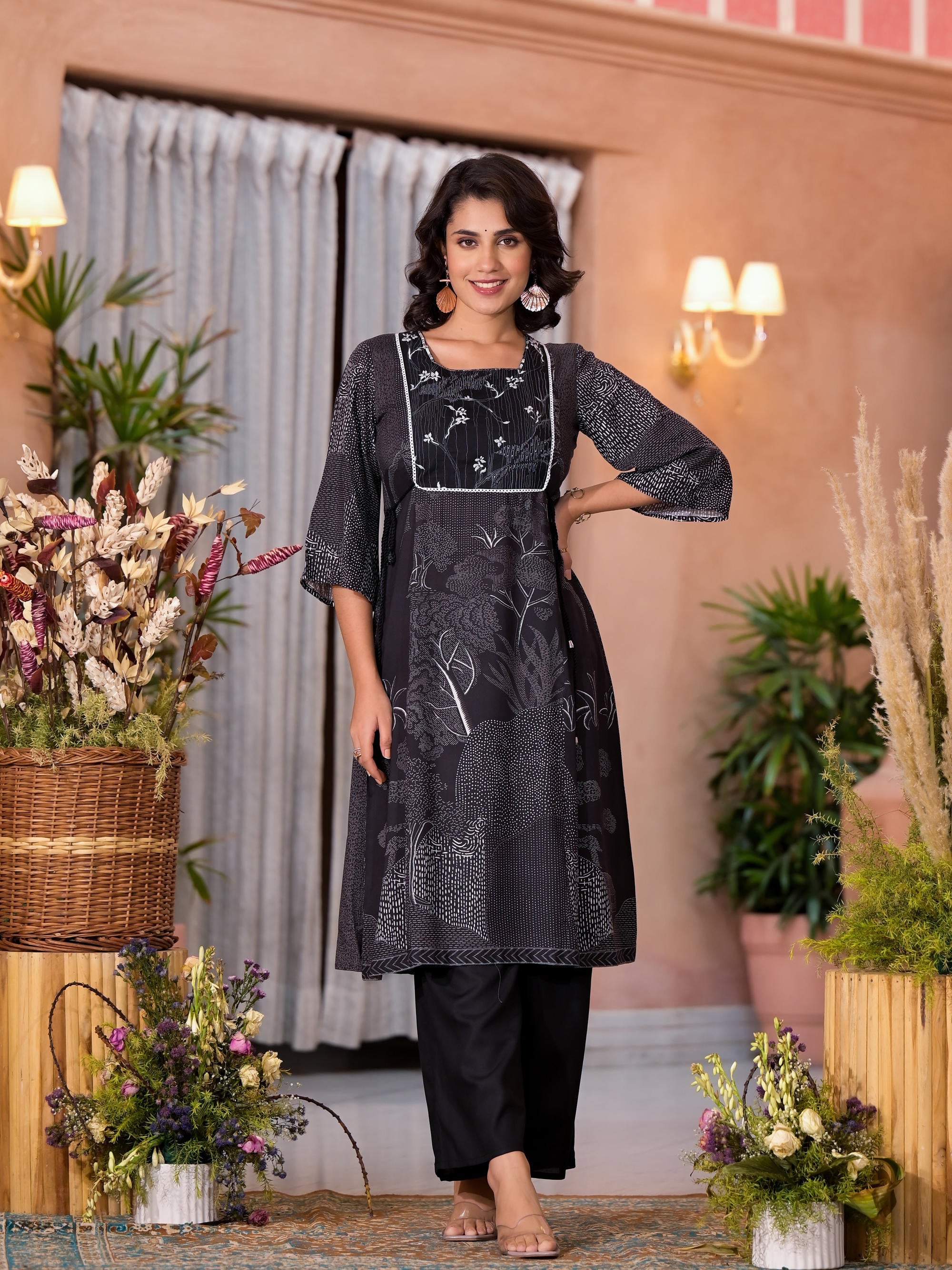 Juniper Women's Black Viscose Rayon Printed Kurta Set - Distacart