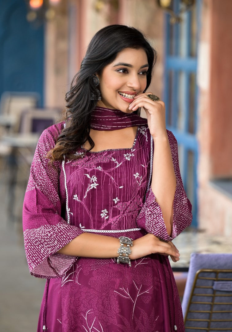 Juniper Women's Wine Abstract Printed Liva Rayon A-Lined Kurta Pant And Dupatta Set With Doris At Waist - Distacart