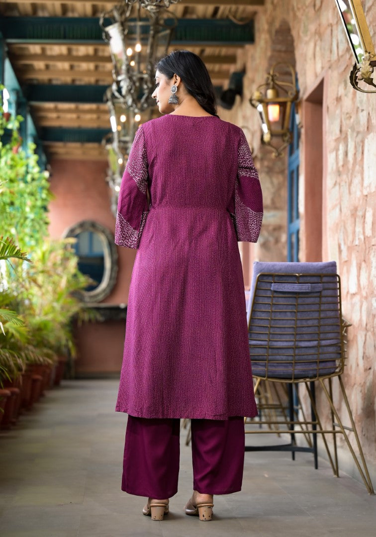 Juniper Women's Wine Abstract Printed Liva Rayon A-Lined Kurta Pant And Dupatta Set With Doris At Waist - Distacart