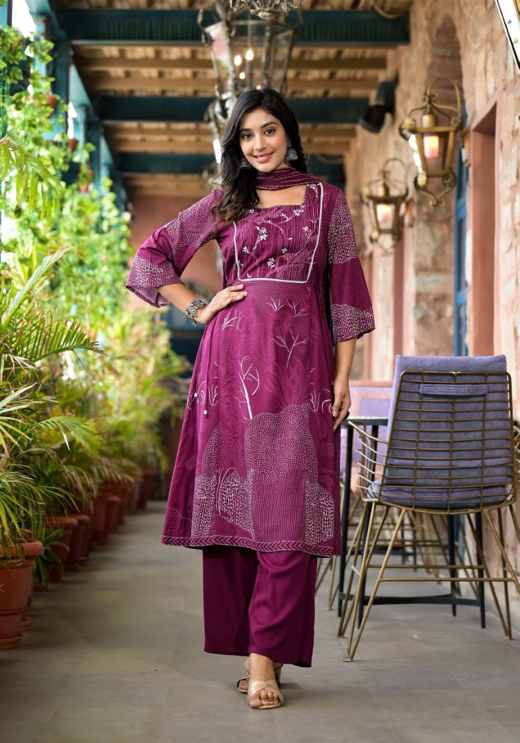 Juniper Women's Wine Abstract Printed Liva Rayon A-Lined Kurta Pant And Dupatta Set With Doris At Waist - Distacart