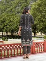 Thumbnail for Juniper Women's Black Viscose Rayon Printed Kurta Set - Distacart