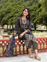 Thumbnail for Juniper Women's Black Viscose Rayon Printed Kurta Set - Distacart